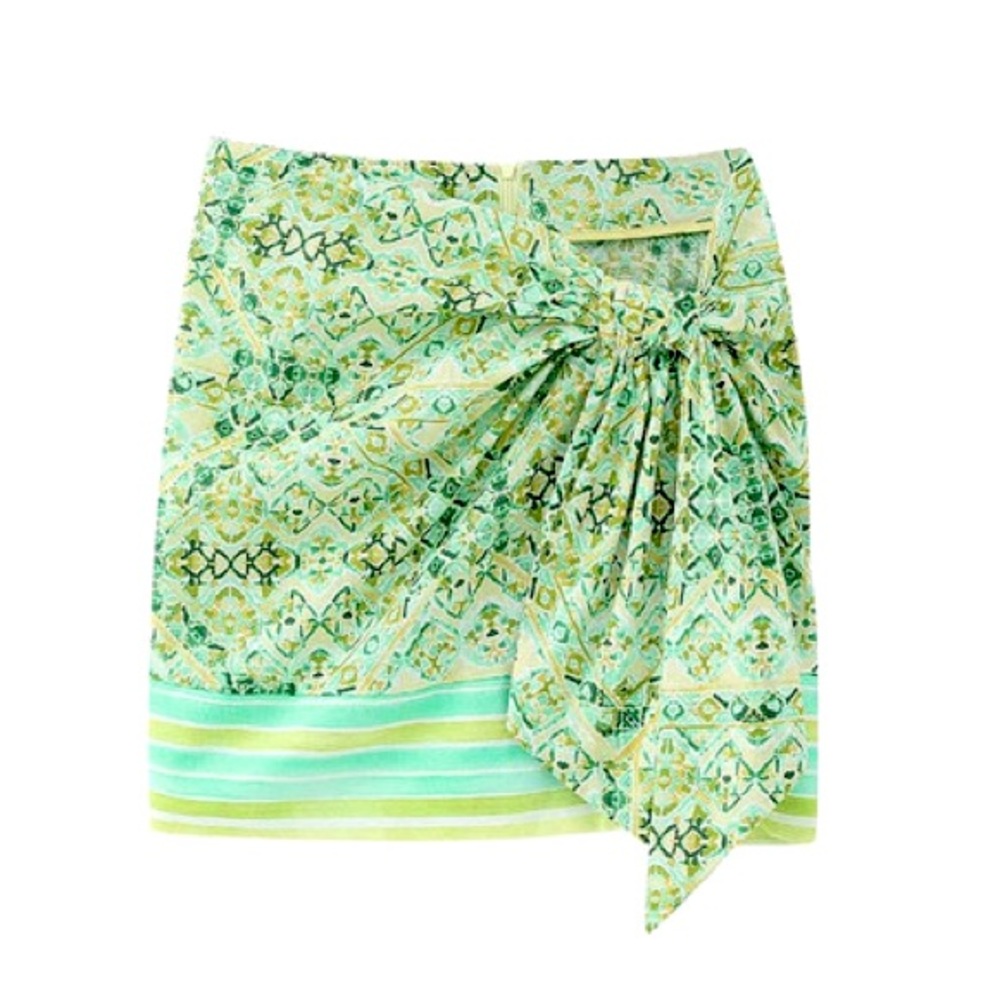 Women Fashion Front Knot Print Mini Skirt Vintage High Waist Back Zipper